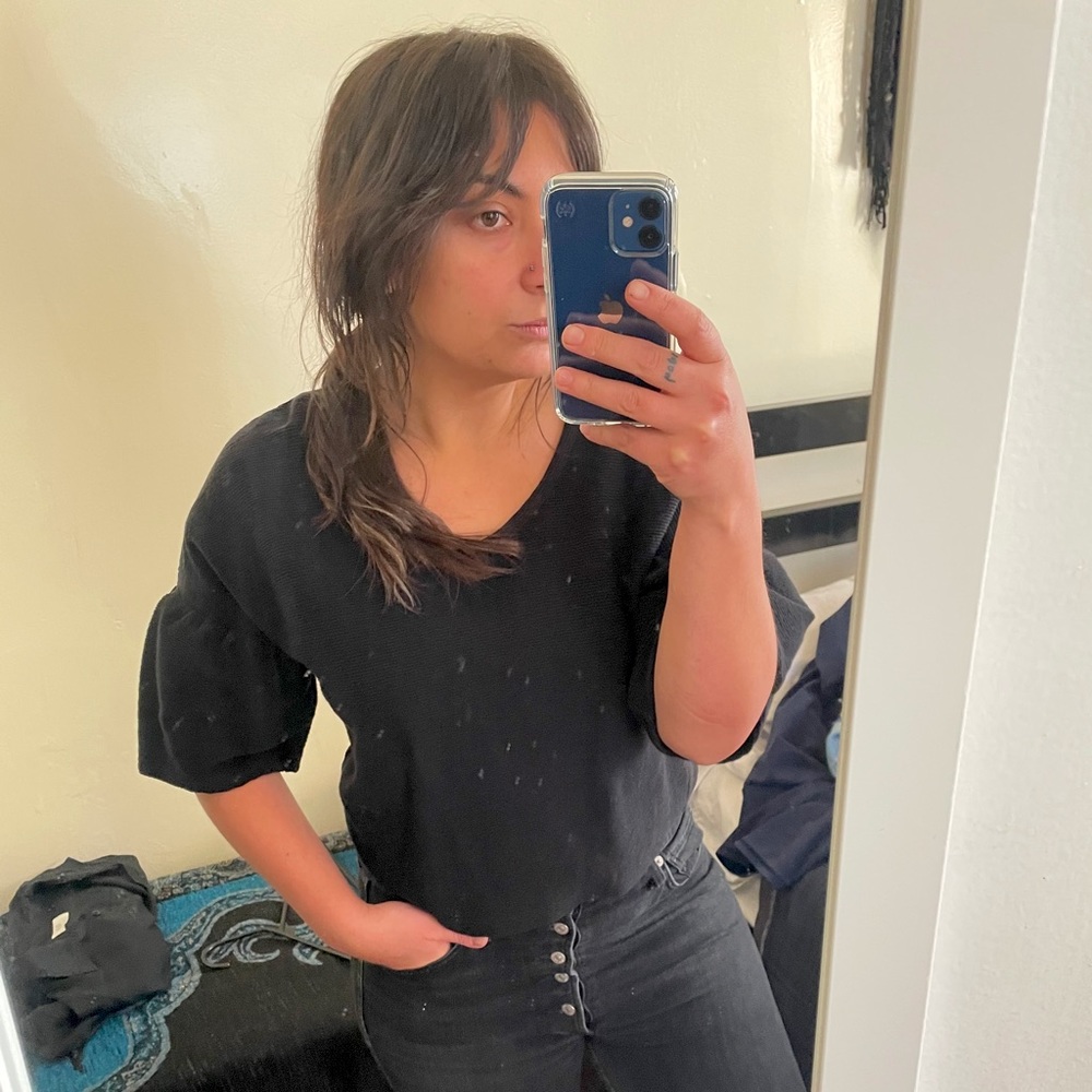 Madewell cropped black belled-sleeve top